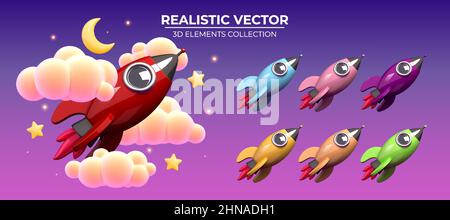 A set of multi-colored rockets flying in the night sky. Realistic rocket surrounded by beautiful clouds and stars. Decorative elements in render style for web design. Realistic vector objects Stock Vector