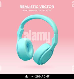 Realistic wireless earphones of trendy color. 3d vector headphone element. Realistic object for music or game concept, poster design, flyer, website. Stock Vector