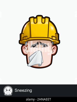 Icon of a construction worker face with Sneezing emotional expression. All elements neatly on well described layers and groups. Stock Vector