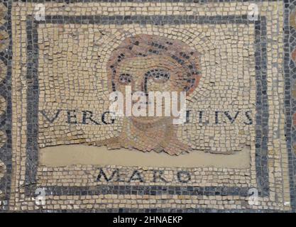 VIRGIL (c 70-21 BC) Roman poet on the Monnus mosaic at Augusta Treverorum in Trier, Germany,.Dated to the end of the 3rd century AD. Stock Photo