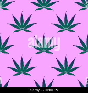 A pattern of cannabis leaves on a lilac background in a flat style for print and design. Vector illustration. Stock Vector