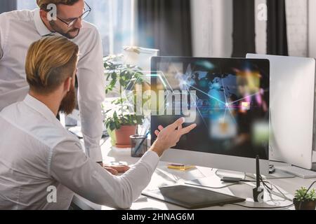 Businessman works with laptop with internet streaming service Stock Photo