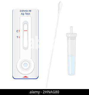 Covid-19 Rapid Antigen test. Coronavirus swap sample in lysis buffer, strip with reagents, result with antigen molecules. Vector illustration. Stock Vector