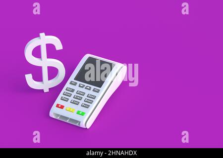 Symbol of dollar near cash register. Cashless payment. Bank transfers. Financial operations. Buying, selling goods. POS transaction. Copy space. 3d re Stock Photo