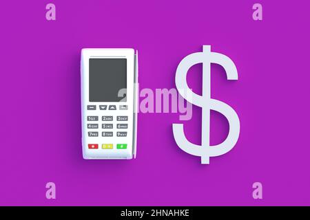 Symbol of dollar near cash register. Cashless payment. Bank transfers. Financial operations. Buying, selling goods. POS transaction. 3d render Stock Photo