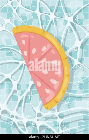 Inflatable mattress in the shape of a grapefruit in the pool, pool party, beach vacation, hotel vacation with inflatable toys Stock Vector
