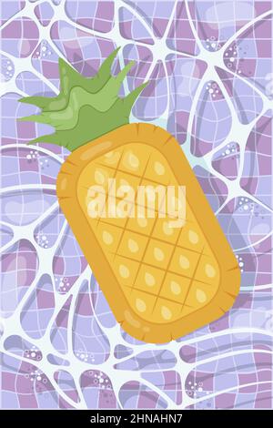Inflatable mattress in the shape of a pineapple in the pool, pool party, beach vacation, hotel vacation with inflatable toys Stock Vector