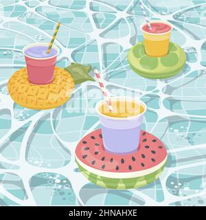 Set of the Inflatable mattress in the shape of a kiwi, pineapple and watermelon with cocktails in the pool, pool party, beach vacation, hotel vacation Stock Vector