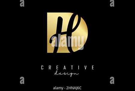 Golden letters DH logo with a minimalist design and negative space. Letters D and H with geometric and handwritten typography. Creative Vector Illustr Stock Vector