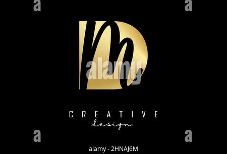 Golden letters DM logo with a minimalist design and negative space. Letters D and M with geometric and handwritten typography. Creative Vector Illustr Stock Vector