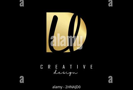 Golden letters DU logo with a minimalist design and negative space. Letters D and U with geometric and handwritten typography. Creative Vector Illustr Stock Vector