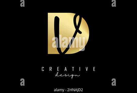 Golden letters DV logo with a minimalist design and negative space. Letters D and V with geometric and handwritten typography. Creative Vector Illustr Stock Vector