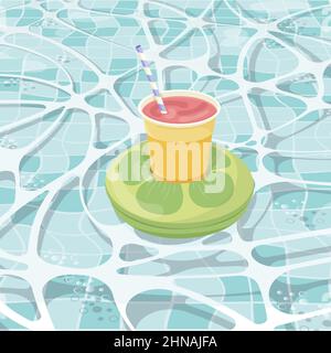 Inflatable mattress in the shape of a kiwi with cocktail in the pool, pool party, beach vacation, hotel vacation with inflatable toys Stock Vector