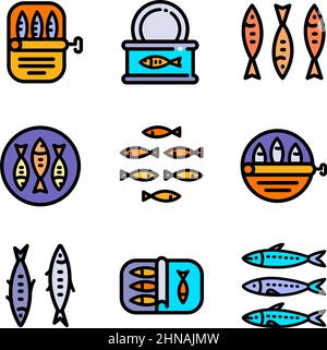 Sardine icons set colored vector. Portugal food flat icons. Vector Portuguese national food, seafood product packaging. Canned anchovy in oil, iwashi Stock Vector