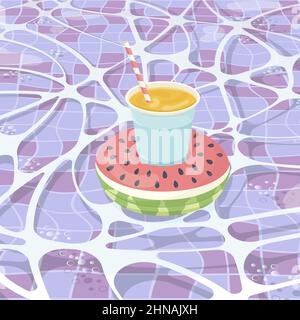 Inflatable mattress in the shape of a watermelon with cocktail in the pool, pool party, beach vacation, hotel vacation with inflatable toys Stock Vector