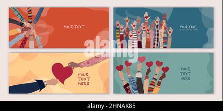 Banner - cover with group of volunteer multicultural people - editable poster template. Raised arms of people holding a heart in their hand. Charity Stock Vector