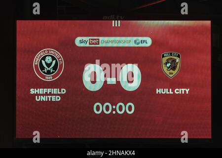 Sheffield, UK. 15th Feb, 2022. Tonights scoreboard at Bramall Lane in Sheffield, United Kingdom on 2/15/2022. (Photo by Craig Thomas/News Images/Sipa USA) Credit: Sipa USA/Alamy Live News Stock Photo