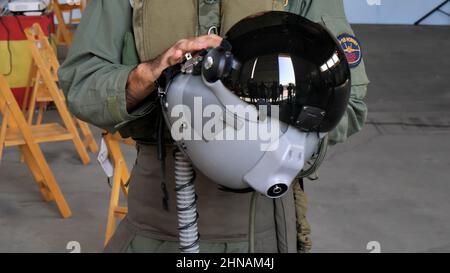 Gran Canaria Gando Airport Canary Islands Spain OCTOBER, 21, 2021 Fighter military jet pilot helmet. Close up view Stock Photo