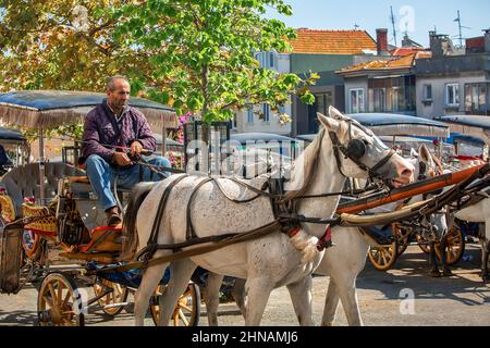 BUYUKADA, TURKEY - October 10th, 2019: Horse carriage ready to pick up tourists. Stock Photo