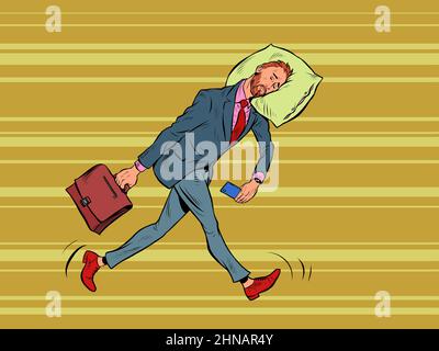 A tired businessman sleeps on the move. Goes to work in the morning with his head on a pillow Stock Vector