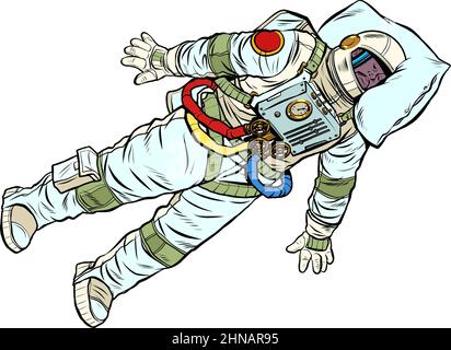 A tired astronaut sleeps in outer space. A professional sleeps at work with his head on a pillow Stock Vector