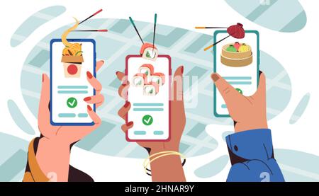 Flat human hands holding smartphone with mobile app for ordering fast food at home, office or take away. Sushi, manti and wok box with noodles quick delivery. Online service for order asian dishes. Stock Vector
