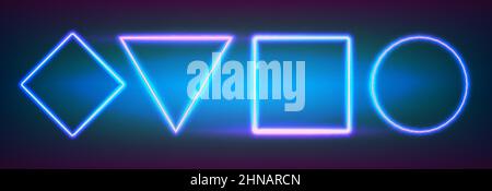 Realistic neon set frames different geometric shapes with led backlighting. Glowing fluorescent border on dark background. Bright illuminated shape of triangle, square, circle and rhombus form. Stock Vector