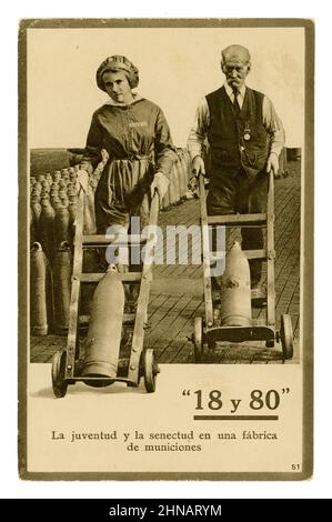 Original WW1 popular greetings card, here a Spanish version - of female British munitions worker with older male colleague, translation is 'youth and old age in a munitions (or shell filling) factory'. The factory was a British munitions factory based at Chilwell, Beeston, Nottingham, England, U.K. It was National Shell Filling Factory, no. 6 and manufactured high explosive shells. During the Great War it filled 19 million shells. Photographed by Horace Nicholls (Home Front Official Photographer) circa 21 August 1917. Stock Photo