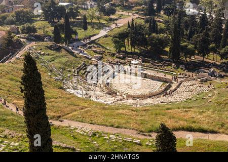 Athens, Greece. The Temenos of Dionysus Eleuthereus, an ancient Greek theatre in the slopes of the Acropolis hill Stock Photo