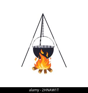 Cauldron over campfire for outdoor cooking isolated on white background. Vector illustration in a flat style. Eps 10 Stock Vector