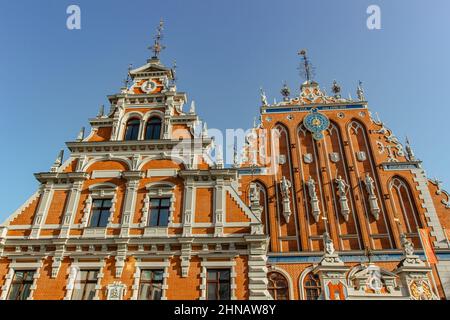 Riga,Latvia-August 15,2019.House of the Blackheads,landmark of Town Hall Square.Opulent medieval building with Dutch Renaissance facade,painted Stock Photo