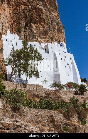 Vertical shot of the Monastery of Moni Chozoviotissa on the Greek island of Amorgos Stock Photo