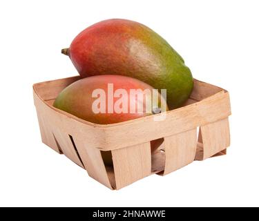 Mangoes fruit in wooden box basket isolated on the white background Stock Photo