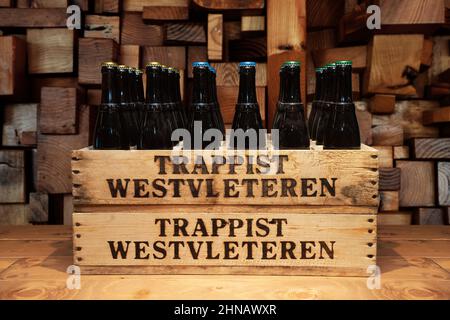 Trappist Westvleteren beer, Wooden box with the three available types of what is considered by many experts to be the best beer in the world Stock Photo