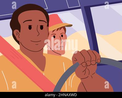 Trip, journey. Two young guys are driving in a car on the road. Vector colored flat. Stock Vector