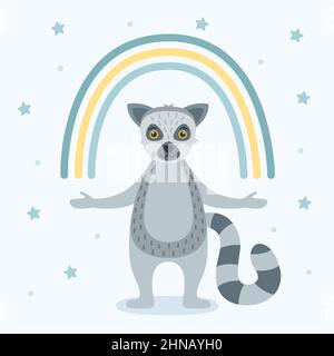 Cute lemur with rainbow. Baby animal concept illustration for nursery, vector illustration Stock Vector