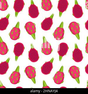Bright seamless pattern with dragon fruits. Piitaya background, vector illustration Stock Vector