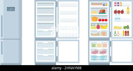 Closed and open empty refrigerator. Fridge and freezer full of food, vector illustration Stock Vector