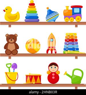 Kid toys on wooden shelves, vector illustration Stock Vector