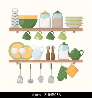 Kitchen shelves with cooking tools. Set of kitchen utensils, vector illustration Stock Vector