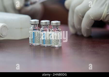 Dhaka, Bangladesh. 14th Feb, 2022. Vials containing Janssen COVID-19 Vaccine are seen during a vaccination campaign for transgender community and Homeless people in Central Shaheed Minar, Dhaka. (Photo by Sazzad Hossain/SOPA Images/Sipa USA) Credit: Sipa USA/Alamy Live News Stock Photo