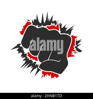 Fist punch front view, combat attack icon. Flat vector illustration isolated on white background. Stock Vector