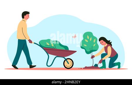 A family couple is planting a tree sapling. A man with a wheelbarrow, a woman digs the soil with a shovel. Caring for nature and ecology. Vector flat Stock Vector