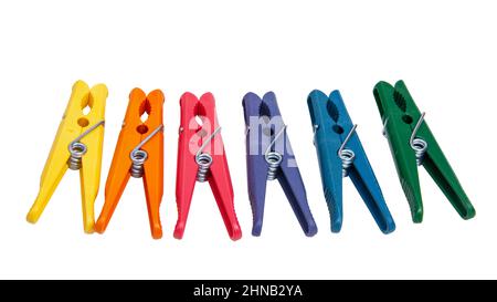 Multicolor clothes pins isolated on the white background Stock Photo