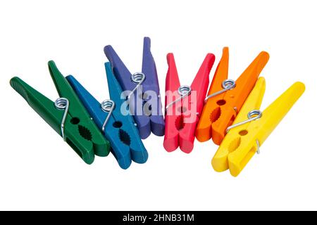 Multicolor clothes pins isolated on the white background Stock Photo
