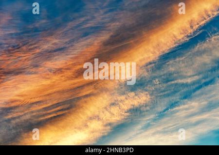High resolution sky background. Colorful twilight, evening or morning  .Dramatic clouds without sun. Sunset sky overly. Soft focus. Stock Photo