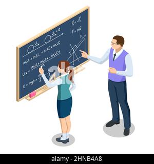 Isometric concept of physics lesson. Physics school subject. Schoolgirl is standing near blackboard and answer about task in the classroom. Stock Vector