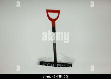 Shovel in snow. Snow blockage. Cleaning after snowfall. Shovel for cleaning territory. Work tool. Stock Photo