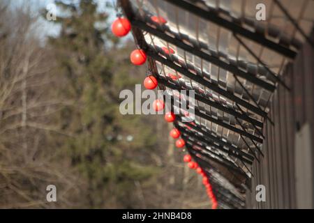 Fence at construction site. Red lights on fence. Construction site. Fenced area. Profile sheet. Stock Photo