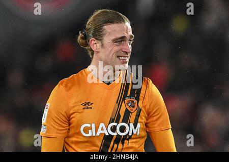 Sheffield, UK. 15th Feb, 2022. Tom Eaves #9 of Hull City during the game in Sheffield, United Kingdom on 2/15/2022. (Photo by Craig Thomas/News Images/Sipa USA) Credit: Sipa USA/Alamy Live News Stock Photo